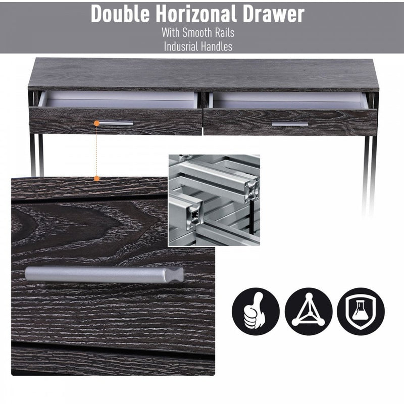 Industrial Console Table Narrow Worktop w/ Bottom Shelf & Two Drawers Grey Wood