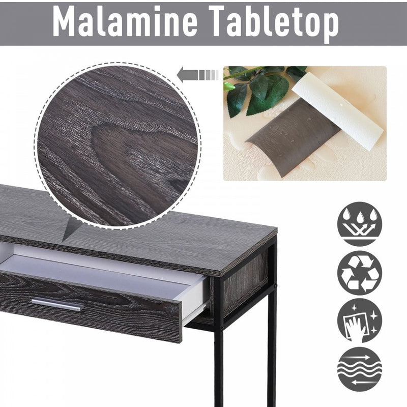 Industrial Console Table Narrow Worktop w/ Bottom Shelf & Two Drawers Grey Wood