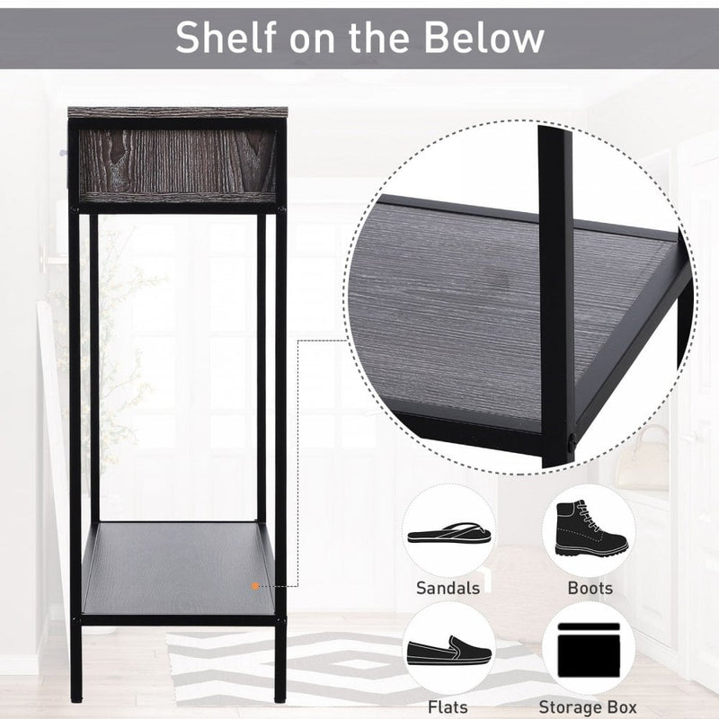 Industrial Console Table Narrow Worktop w/ Bottom Shelf & Two Drawers Grey Wood