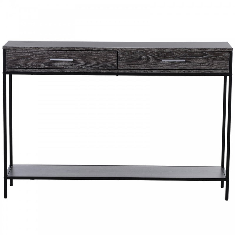 Industrial Console Table Narrow Worktop w/ Bottom Shelf & Two Drawers Grey Wood