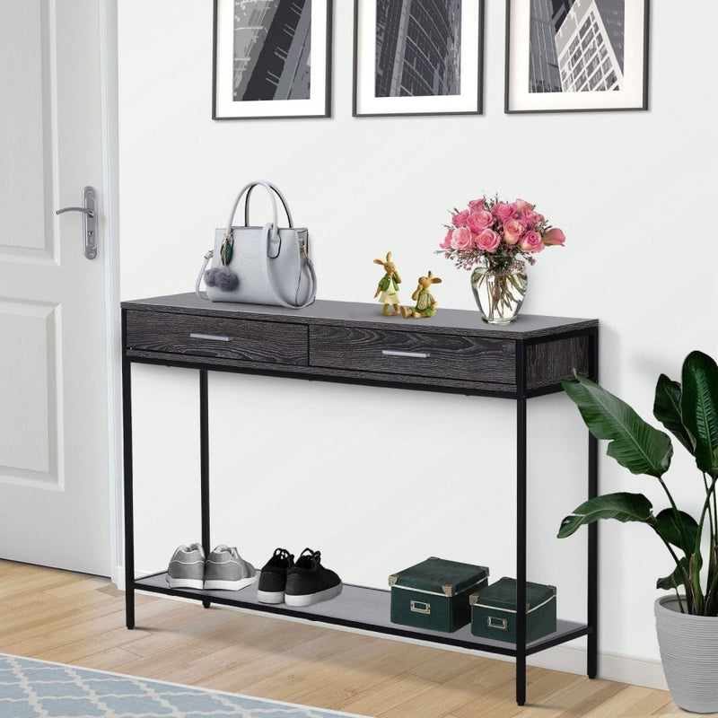 Industrial Console Table Narrow Worktop w/ Bottom Shelf & Two Drawers Grey Wood