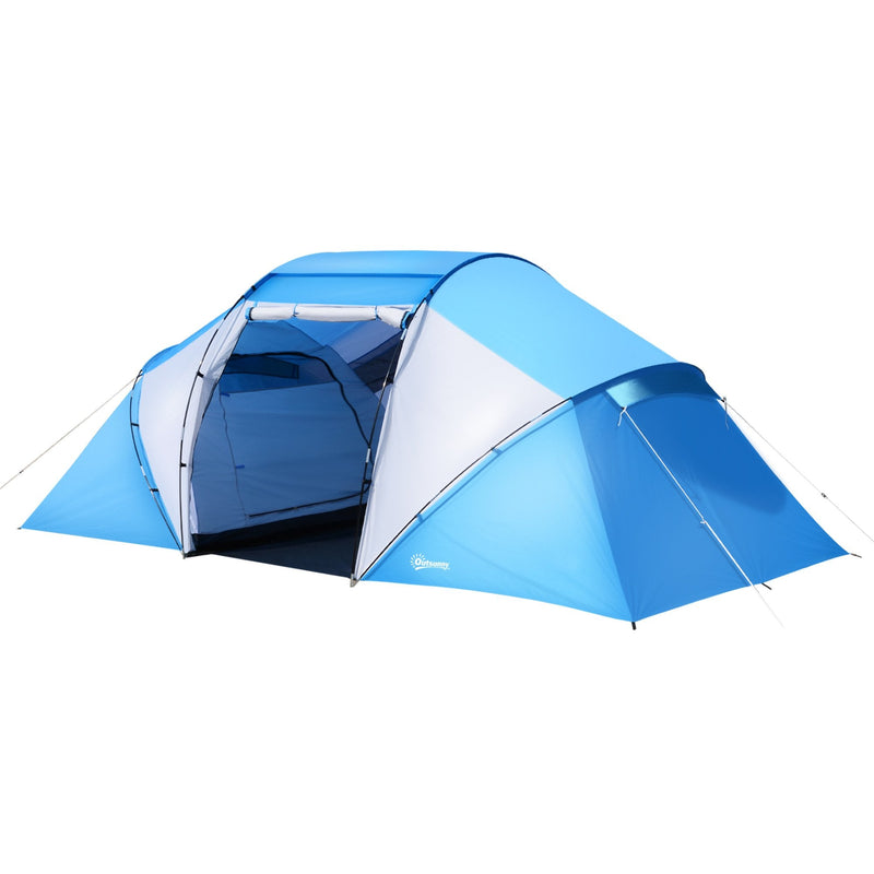 Outsunny 4-6 Man Camping Tent w/ Two Bedroom, Hiking Sun Shelter, UV Protection Tunnel Tent, Blue and White