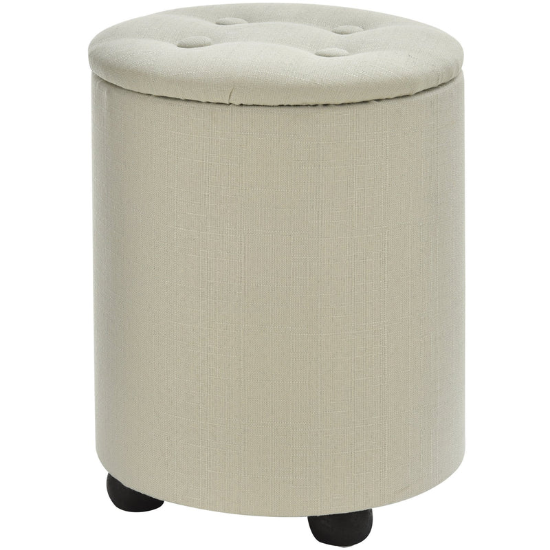 Linen Upholstered Round Ottoman Stool Cream White