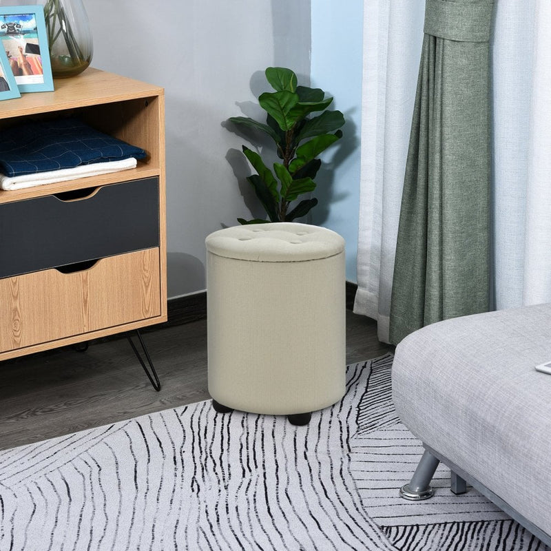 Linen Upholstered Round Ottoman Stool Cream White