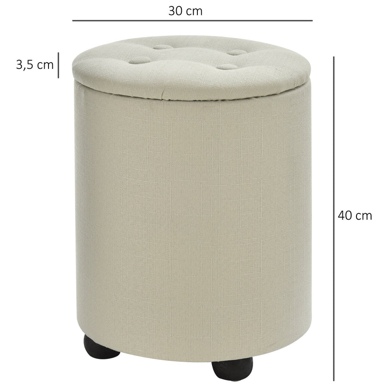 Linen Upholstered Round Ottoman Stool Cream White
