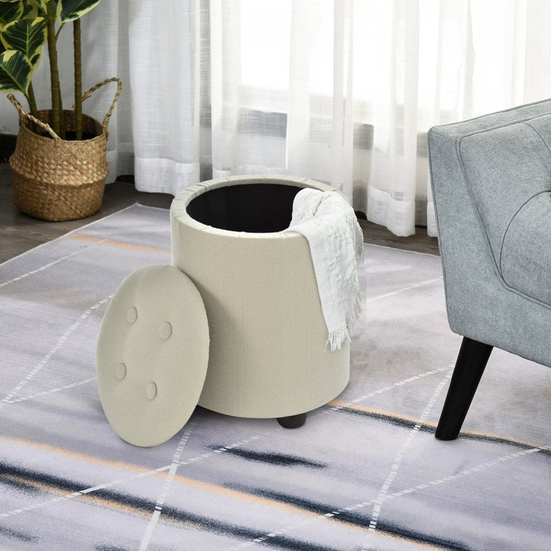 Linen Upholstered Round Ottoman Stool Cream White