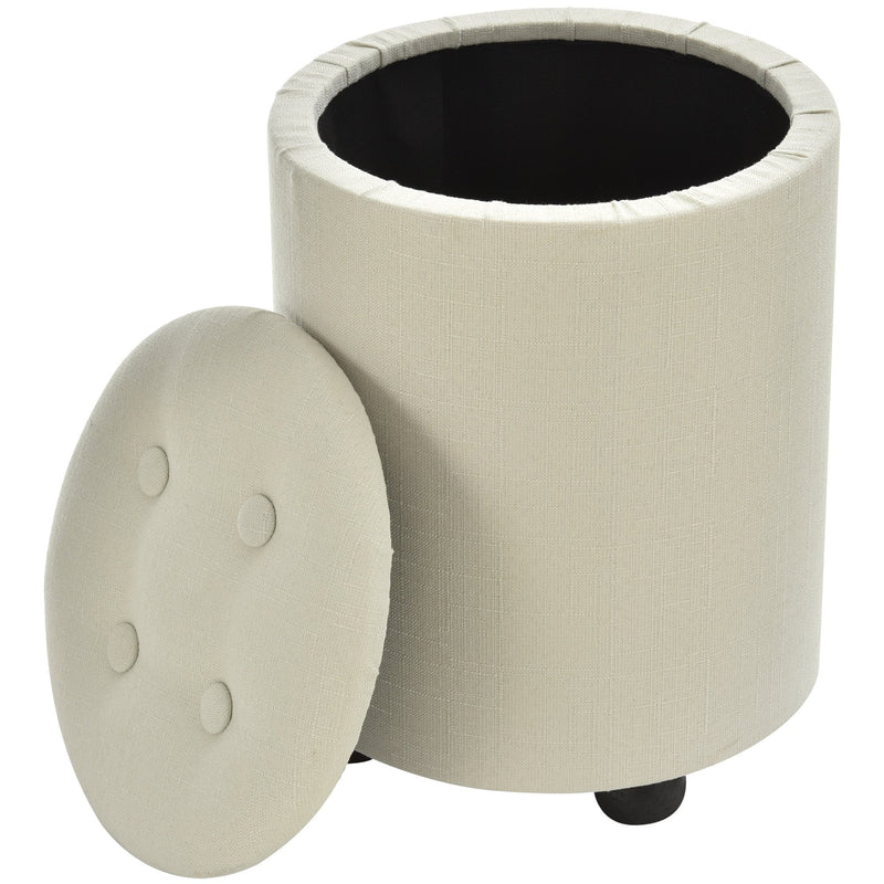 Linen Upholstered Round Ottoman Stool Cream White