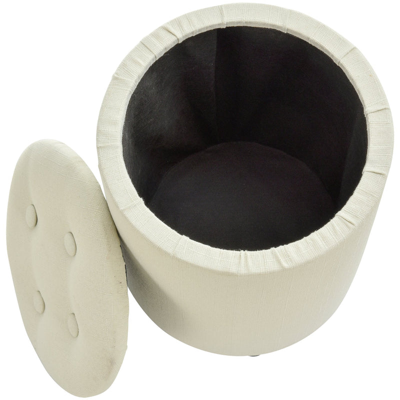Linen Upholstered Round Ottoman Stool Cream White