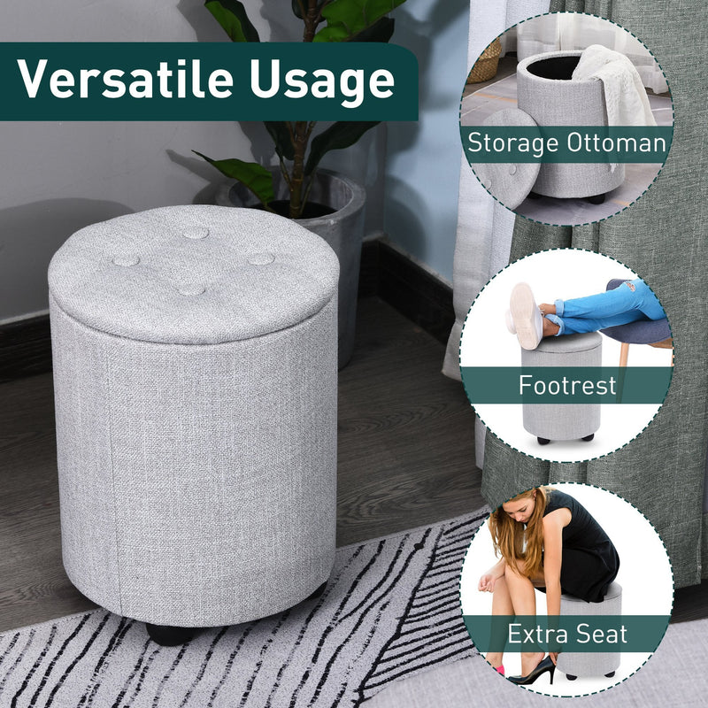 Linen Upholstered Round Ottoman Stool Grey