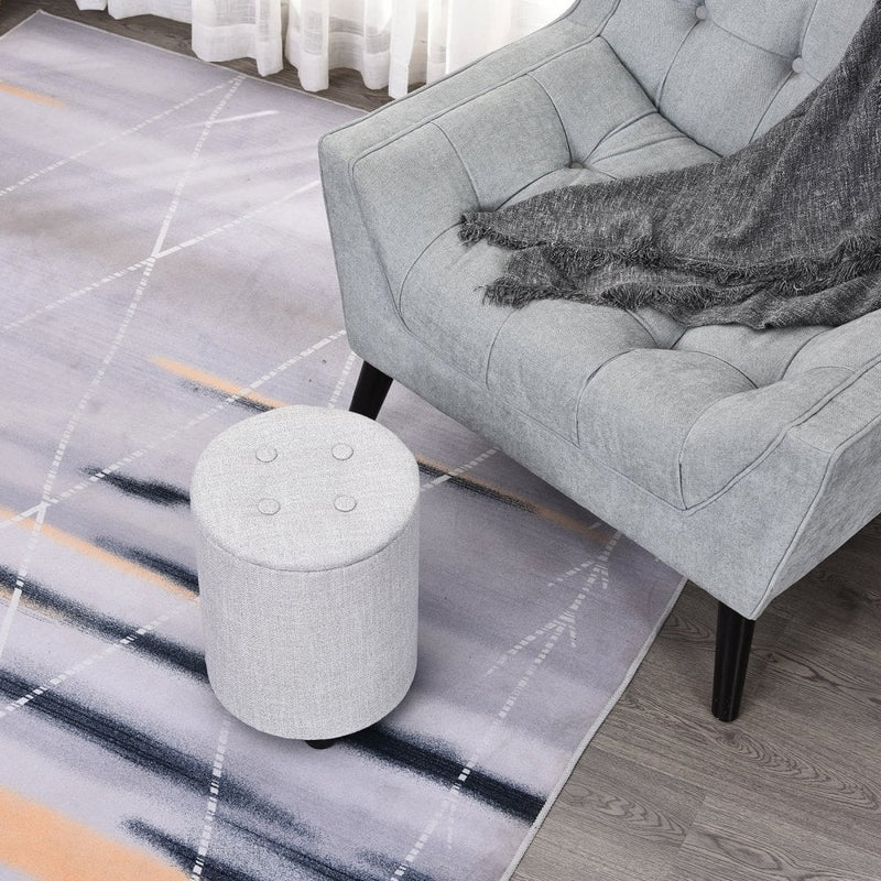 Linen Upholstered Round Ottoman Stool Grey