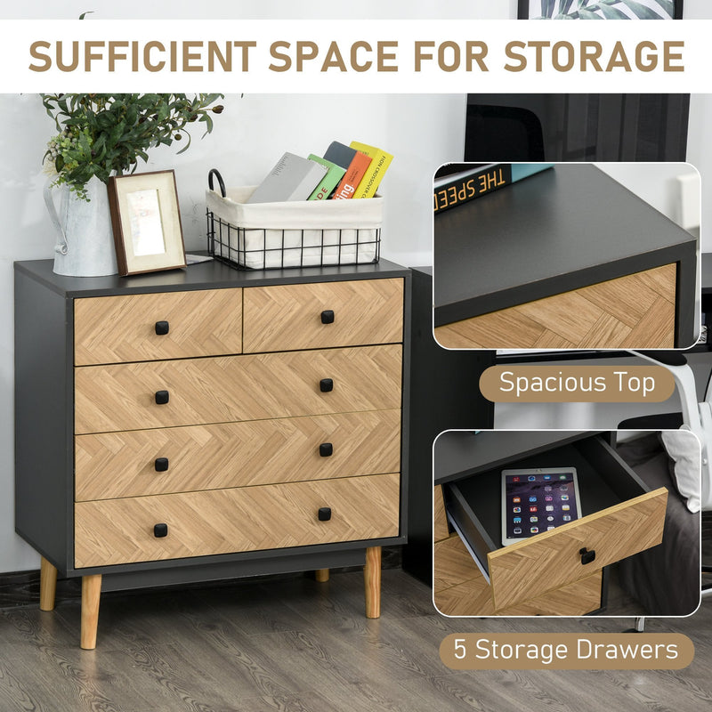 5-Drawer Chest Storage Cabinet Sideboards with Metal Handles Freestanding Dresser for Bedroom, Living Room Wooden Bedroom