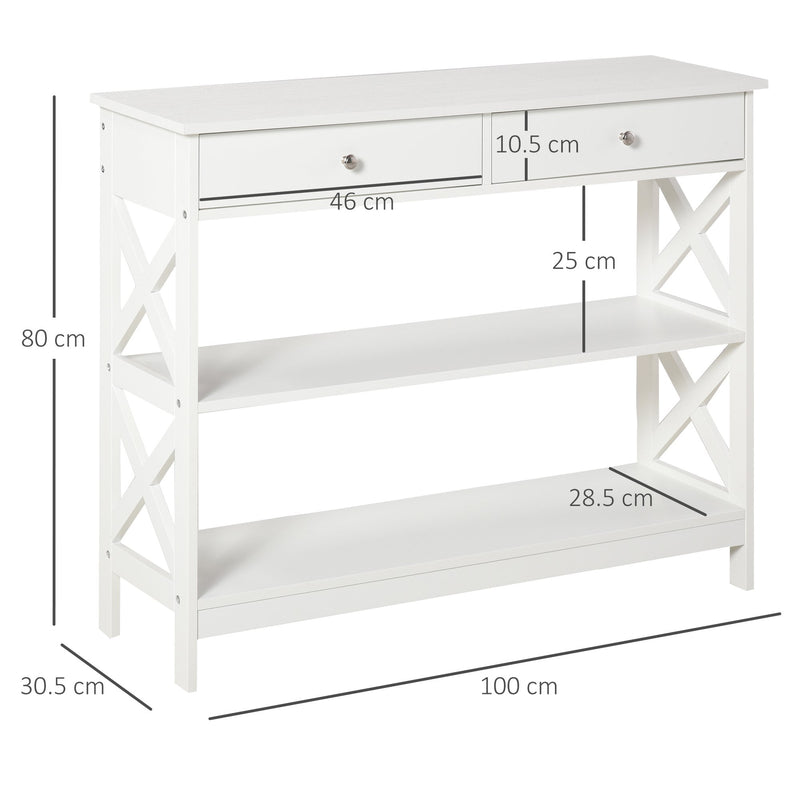 Console Table Sofa Side Desk with Storage Shelves Drawers X Frame for Living Room Entryway Bedroom White