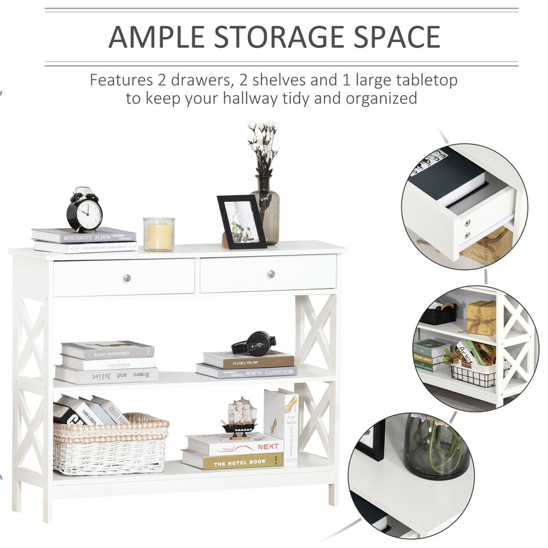 Console Table Sofa Side Desk with Storage Shelves Drawers X Frame for Living Room Entryway Bedroom White