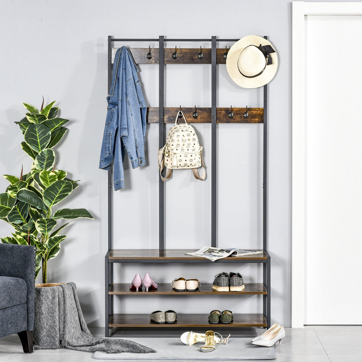 Coat Rack Stand, Free Standing Hall Tree, Coat Stand with Hooks, Bench