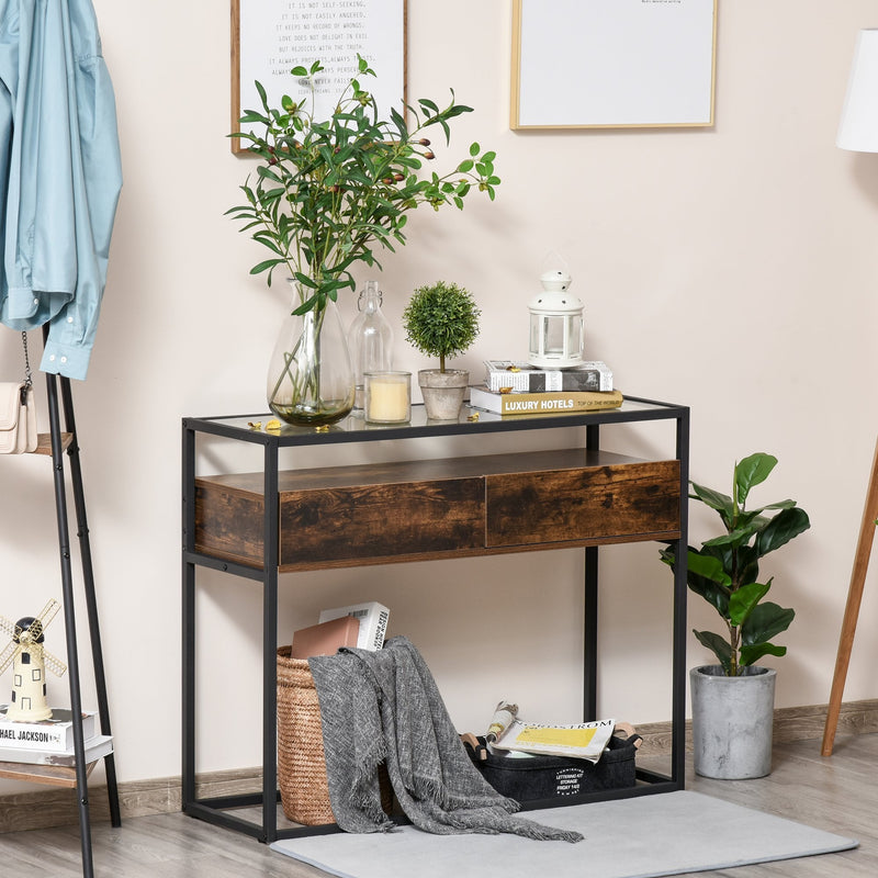 Industrial Style Entryway Console Table Desk with Drawers, Toughened Glass Shelf, 3D Wood Grain