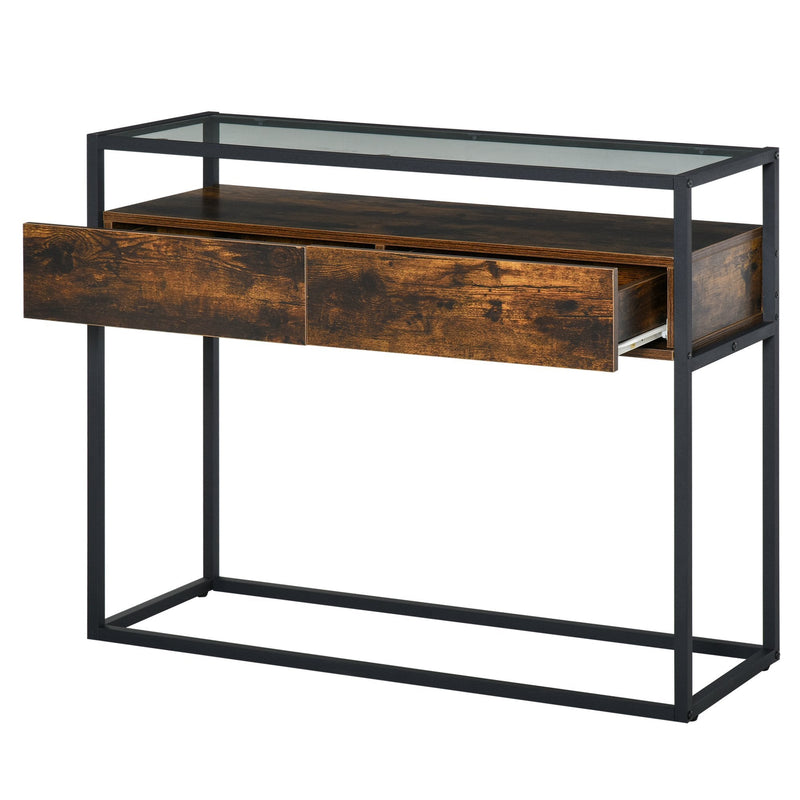 Industrial Style Entryway Console Table Desk with Drawers, Toughened Glass Shelf, 3D Wood Grain