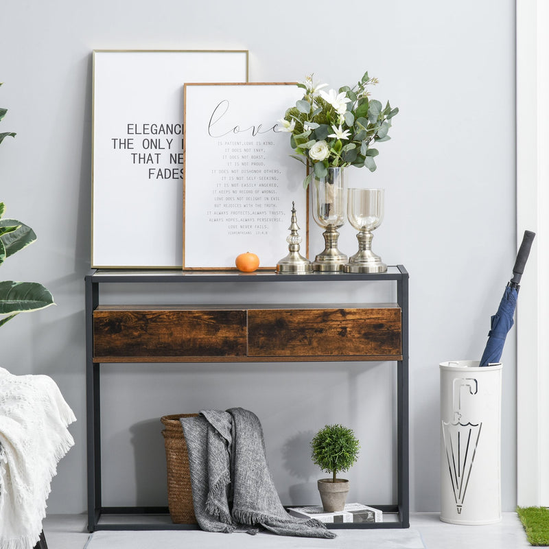 Industrial Style Entryway Console Table Desk with Drawers, Toughened Glass Shelf, 3D Wood Grain