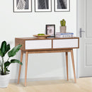 Console Table Sofa Side Desk with 2 Drawers Solid Pine Wood Legs for Living Room Entryway Bedroom Brown and White