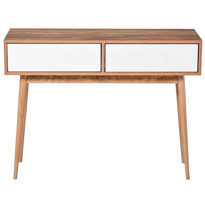 Console Table Sofa Side Desk with 2 Drawers Solid Pine Wood Legs for Living Room Entryway Bedroom Brown and White