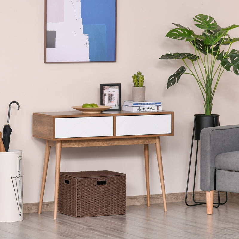 Console Table Sofa Side Desk with 2 Drawers Solid Pine Wood Legs for Living Room Entryway Bedroom Brown and White