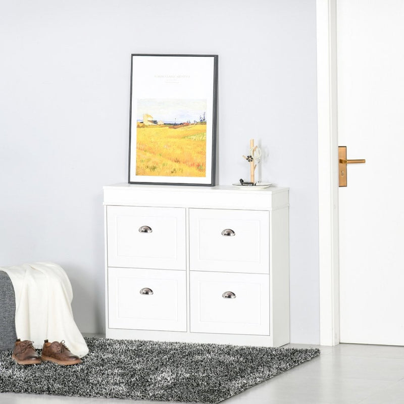 Shoe Cabinet with 4 Flip Drawers Wood Tipping Bucket Narrow Storage Cupboard with Adjustable Shelf Hall Organizer for Entrance Foyer White