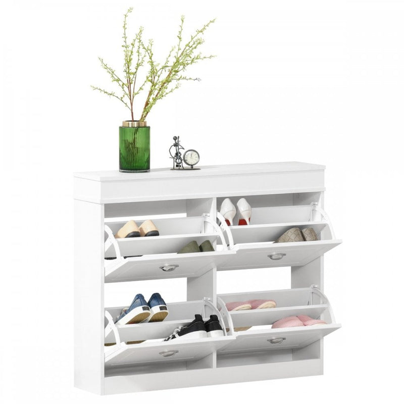 Shoe Cabinet with 4 Flip Drawers Wood Tipping Bucket Narrow Storage Cupboard with Adjustable Shelf Hall Organizer for Entrance Foyer White