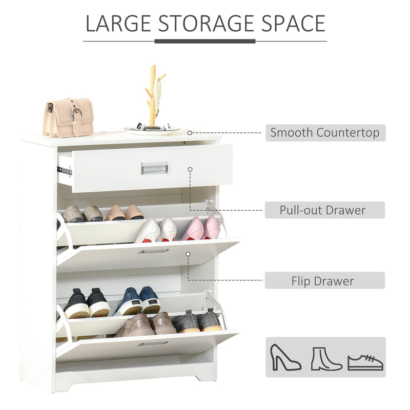 Tipping Shoe Cabinet Storage Rack Entryway Organizer with 2 Pull-Down Doors and Drawer Adjustable Shelf for Hallway Porch Narrow Space White Hall Flip Drawers Entry 16 Pairs
