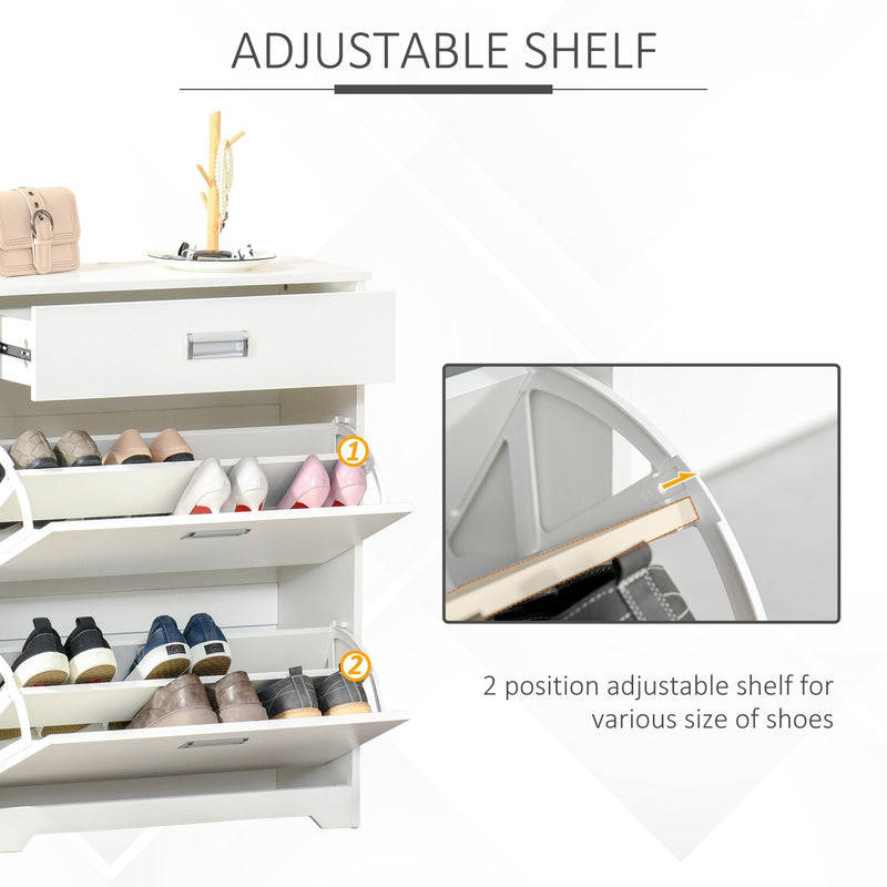 Tipping Shoe Cabinet Storage Rack Entryway Organizer with 2 Pull-Down Doors and Drawer Adjustable Shelf for Hallway Porch Narrow Space White Hall Flip Drawers Entry 16 Pairs