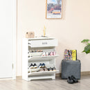 Tipping Shoe Cabinet Storage Rack Entryway Organizer with 2 Pull-Down Doors and Drawer Adjustable Shelf for Hallway Porch Narrow Space White Hall Flip Drawers Entry 16 Pairs