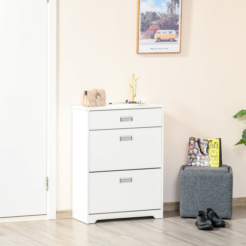 Tipping Shoe Cabinet Storage Rack Entryway Organizer with 2 Pull-Down Doors and Drawer Adjustable Shelf for Hallway Porch Narrow Space White Hall Flip Drawers Entry 16 Pairs