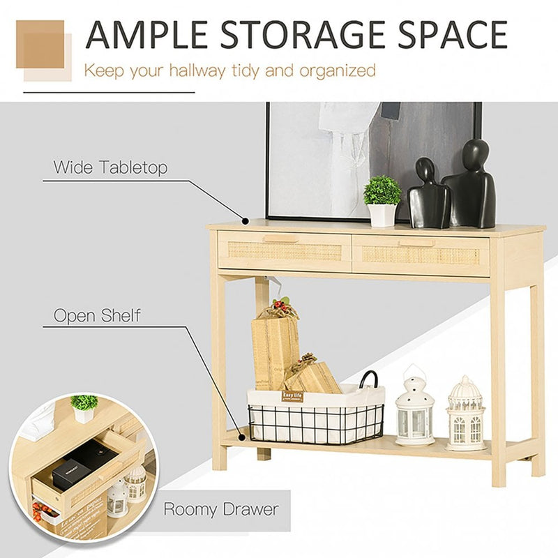 Console Sofa Table Hallway Side Desk with Storage Shelf Drawer for Entryway Living Room Bedroom Natural 2 Drawers