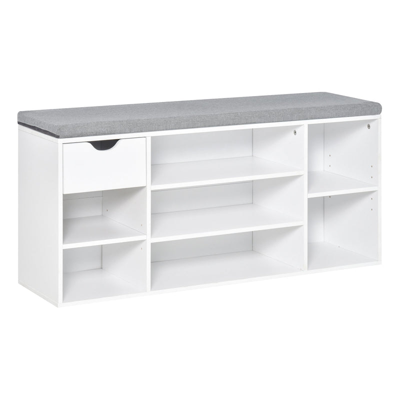 Shoe Bench with Seat Cushion Shoe Storage Cabinet with 7 Compartments Drawer Adjustable Shelves for Entryway Hallway Living Room White and Grey w/
