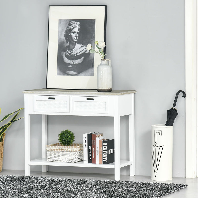 Console Table with 2 Drawers and Storage Shelf, Vintage Distressed Sofa Table for Hallway, Living Room, Bedroom, White w/ Shelf Hallway Room Bedroom