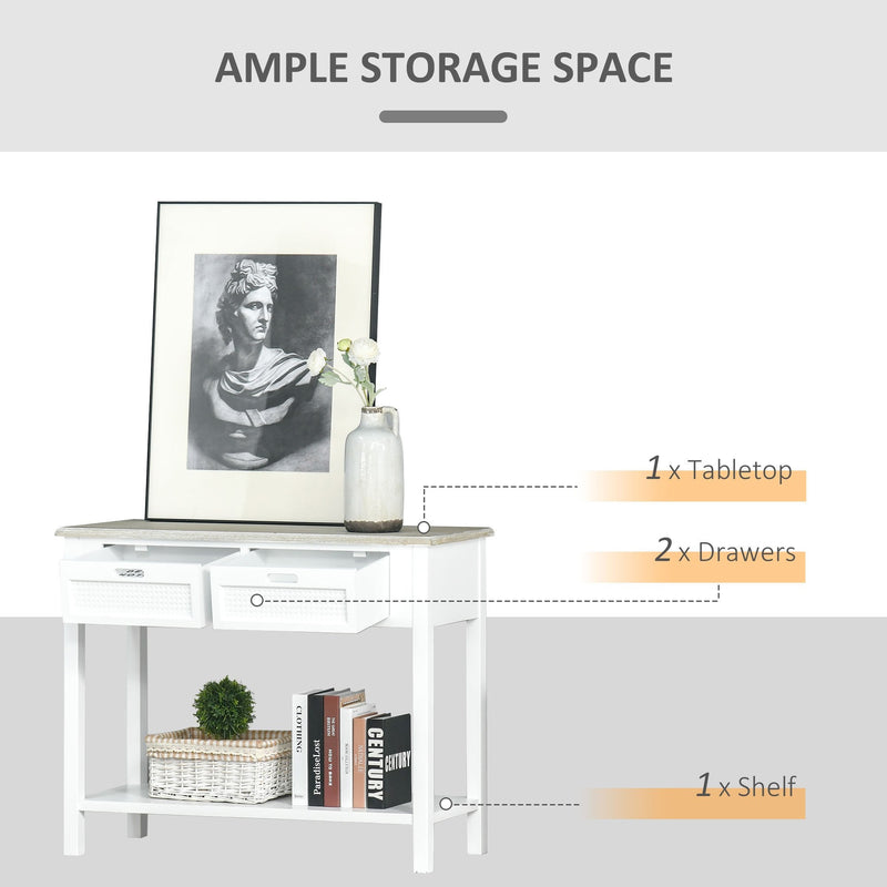Console Table with 2 Drawers and Storage Shelf, Vintage Distressed Sofa Table for Hallway, Living Room, Bedroom, White w/ Shelf Hallway Room Bedroom