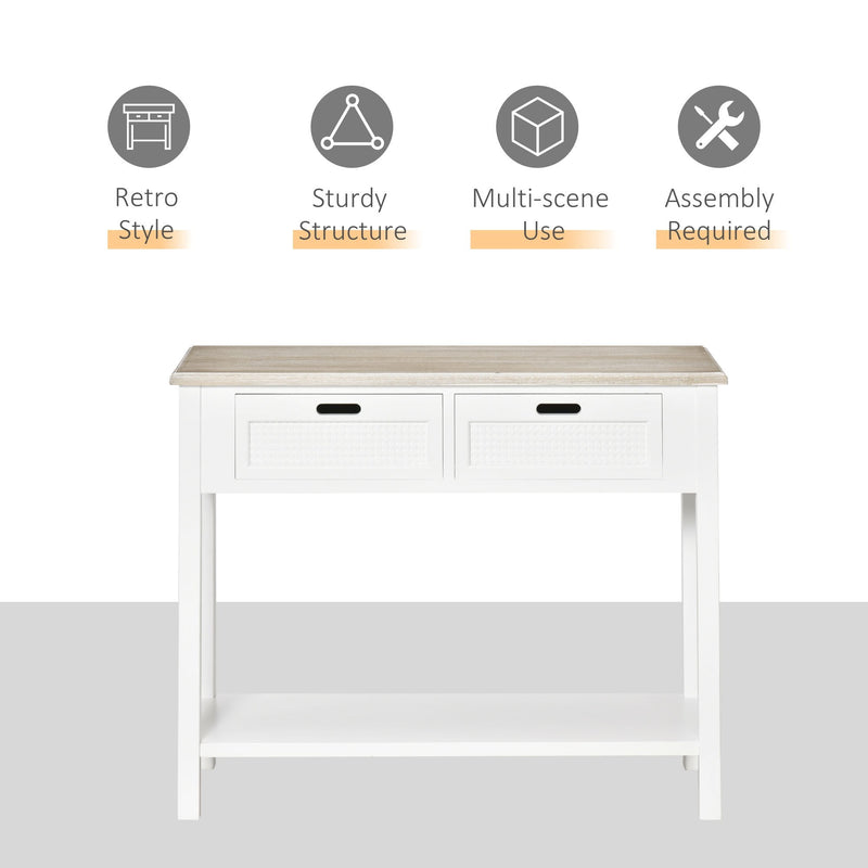 Console Table with 2 Drawers and Storage Shelf, Vintage Distressed Sofa Table for Hallway, Living Room, Bedroom, White w/ Shelf Hallway Room Bedroom