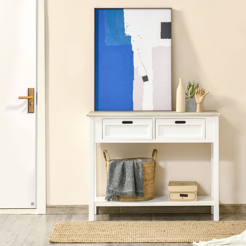 Console Table with 2 Drawers and Storage Shelf, Vintage Distressed Sofa Table for Hallway, Living Room, Bedroom, White w/ Shelf Hallway Room Bedroom