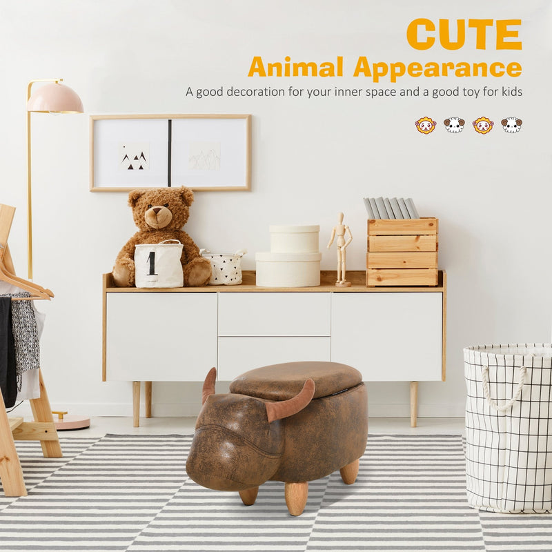 PU Leather Upholstered Cow Storage Stool Animal footstool Buffalo Cute Kids Decoration Wood Frame Legs w/Padding Lid Ottoman Furniture Brown