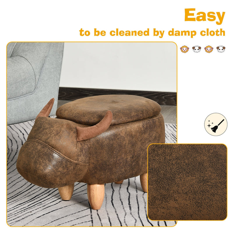 PU Leather Upholstered Cow Storage Stool Animal footstool Buffalo Cute Kids Decoration Wood Frame Legs w/Padding Lid Ottoman Furniture Brown