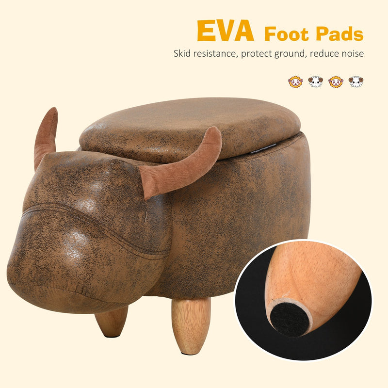 PU Leather Upholstered Cow Storage Stool Animal footstool Buffalo Cute Kids Decoration Wood Frame Legs w/Padding Lid Ottoman Furniture Brown