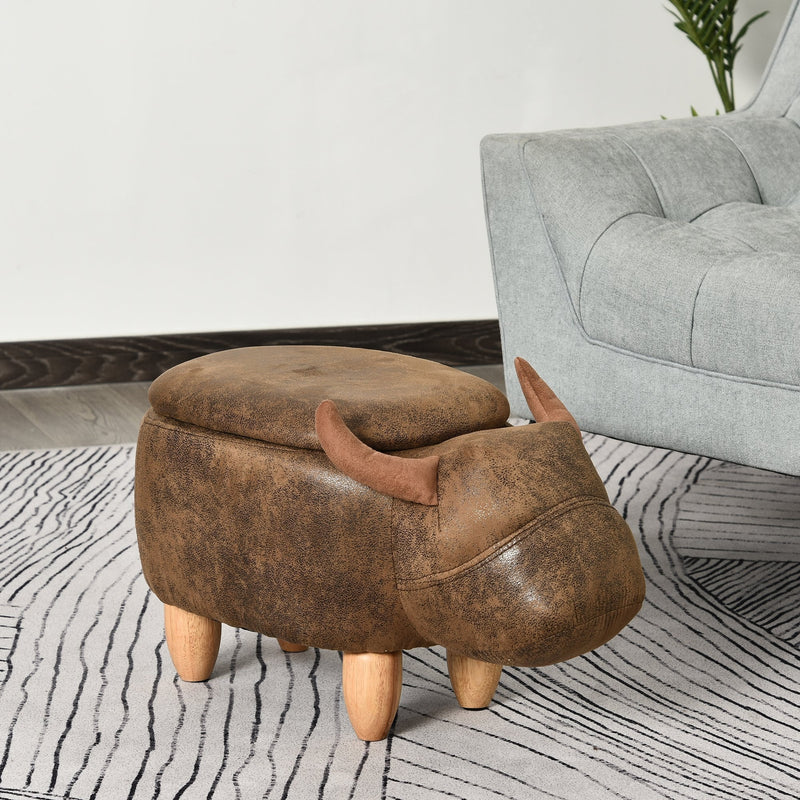 PU Leather Upholstered Cow Storage Stool Animal footstool Buffalo Cute Kids Decoration Wood Frame Legs w/Padding Lid Ottoman Furniture Brown