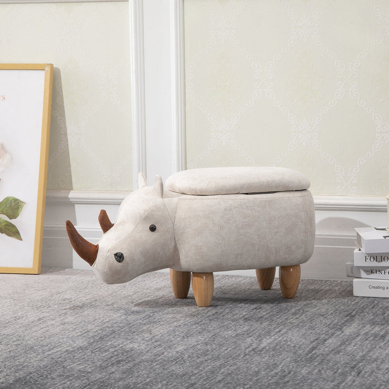 Polyester Upholstered Rhino Storage Stool Cute Decoration Footrest Wood Frame Legs w/ Padding Lid Ottoman Animal Furniture, 36H x 70L x 35Wcm-Cream