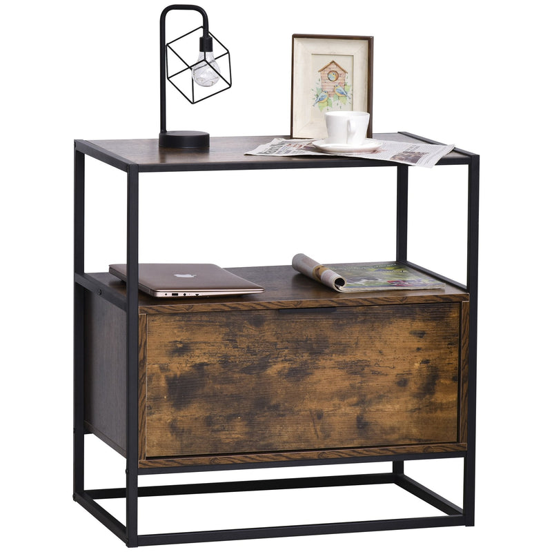 Retro Industrial Side Table Metal Frame End Desk with Drawer & Shelf for Living Room, Sturdy Vintage Accent Bedroom