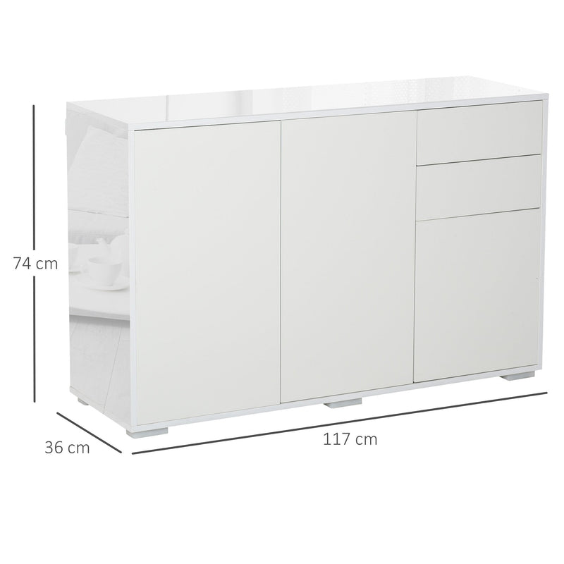 Modern Stylish Freestanding Push-Open Cabinet with 2 Drawer 2 Door Cabinet for Home Office Highlight, 117W x 36D x 74Hcm-White for Living Room, Bedroom, Bathroom, Kitchen, Highlight White and Matte White