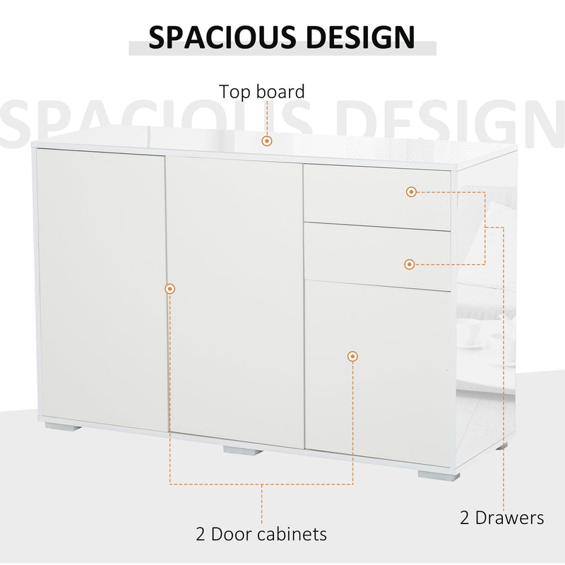 Modern Stylish Freestanding Push-Open Cabinet with 2 Drawer 2 Door Cabinet for Home Office Highlight, 117W x 36D x 74Hcm-White for Living Room, Bedroom, Bathroom, Kitchen, Highlight White and Matte White