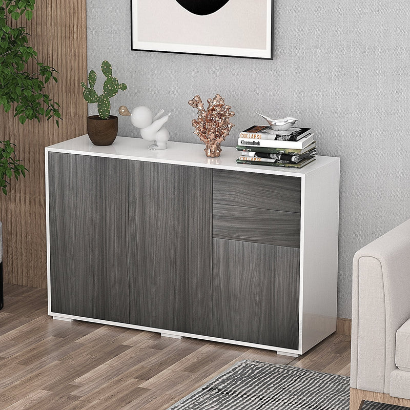 Modern Stylish Freestanding Push-Open Design Cabinet with 2 Drawer, 2 Door Cabinet, 2 Part Inner Space, for Living Room, Bedroom, Bathroom, Kitchen, Highlight White and Light Grey Drawer Home Office Oak