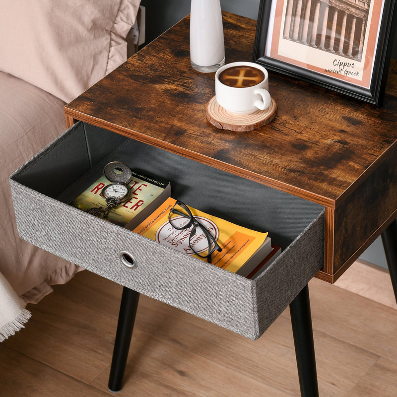 Side Table, Nightstand, End Table with Removable Fabric Drawer, Retro Style Accent Furniture with Wooden Legs, Rustic Brown and Black Chic Legs