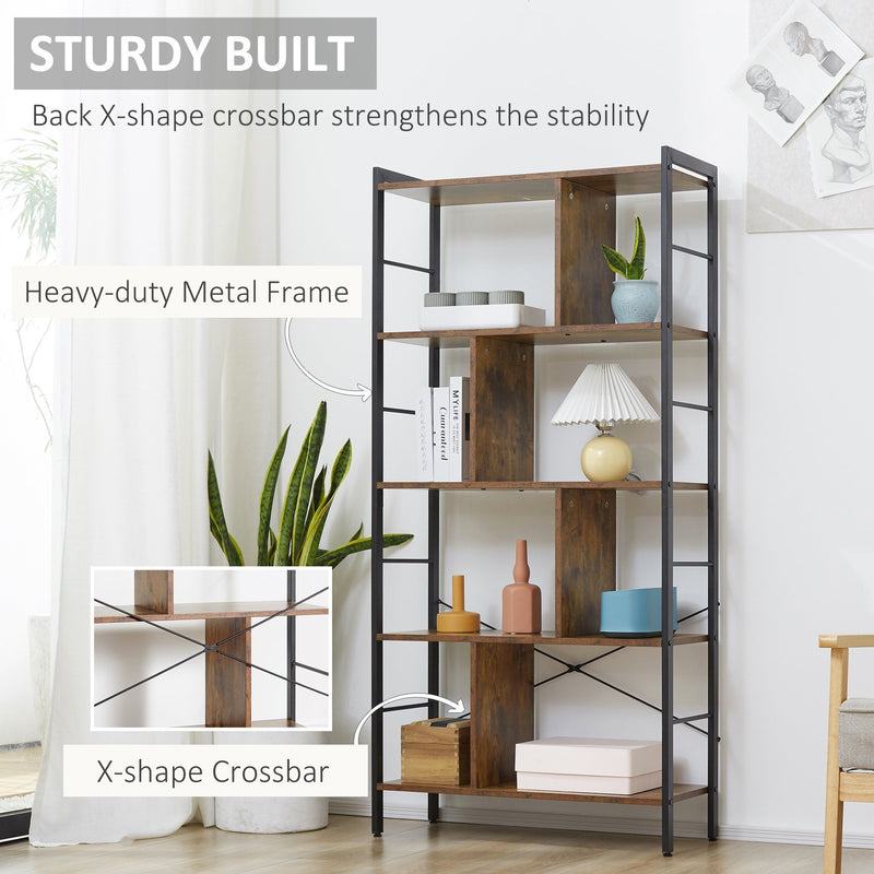 Industrial Storage Shelf Bookcase Closet Floor Standing Display Rack with 5 Tiers, Metal Frame for Living Room & Study, Rustic Brown