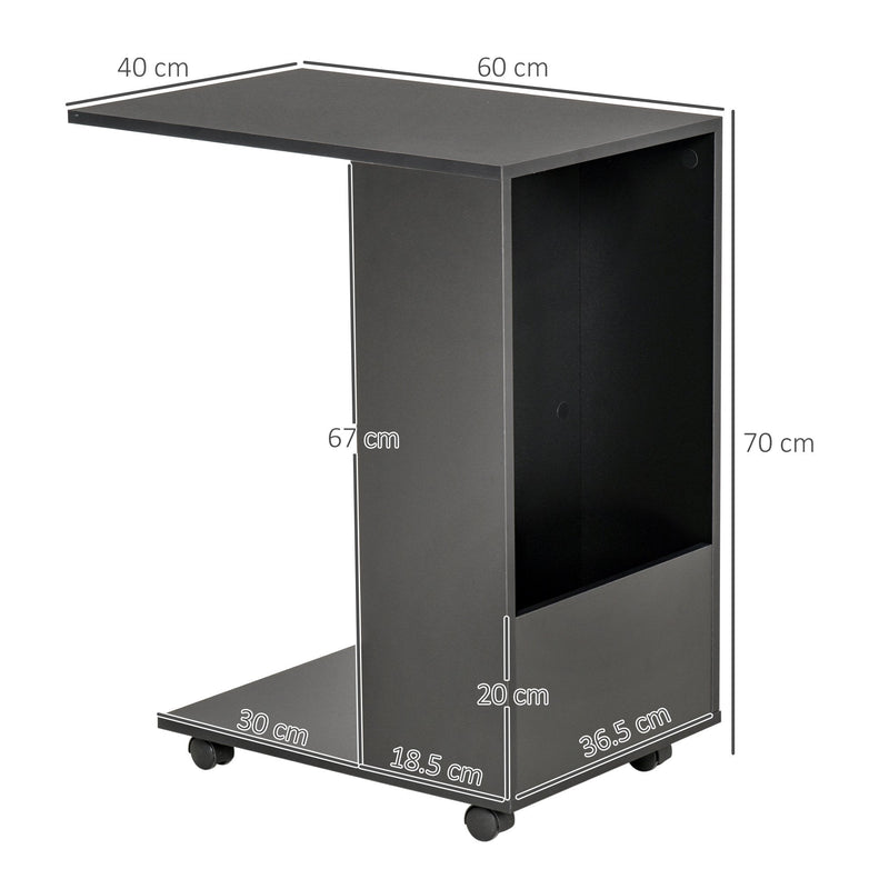 Mobile Sofa Side Table C-Shape End Table with Storage and Casters for Laptop Coffee Snack, Black w/ Casters
