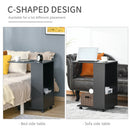 Mobile Sofa Side Table C-Shape End Table with Storage and Casters for Laptop Coffee Snack, Black w/ Casters
