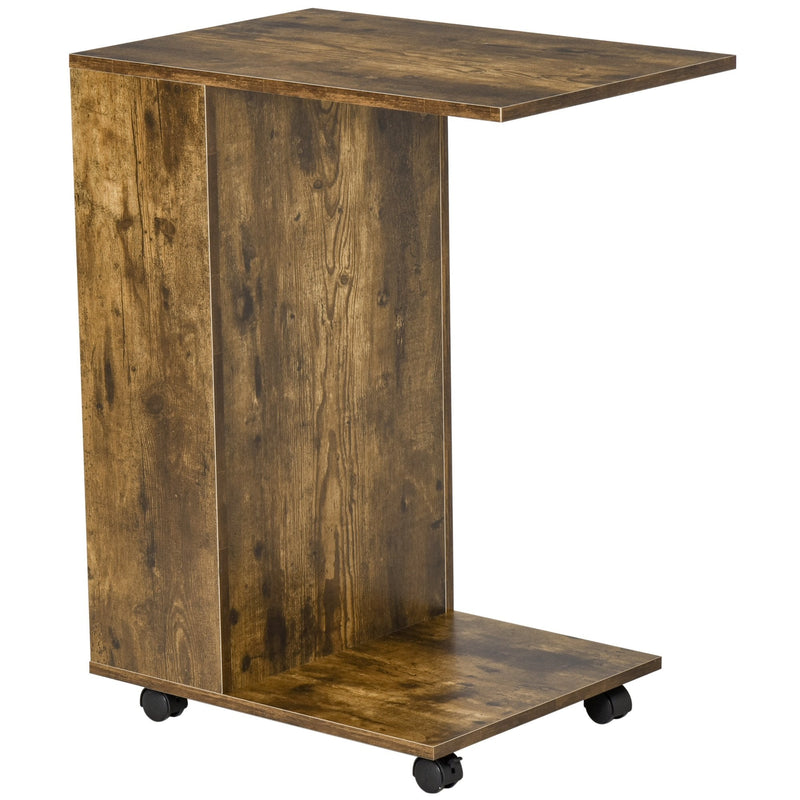 Mobile Sofa Side Table C-Shape End Table with Storage and Casters for Laptop Coffee Snack, Rustic Brown w/ Casters